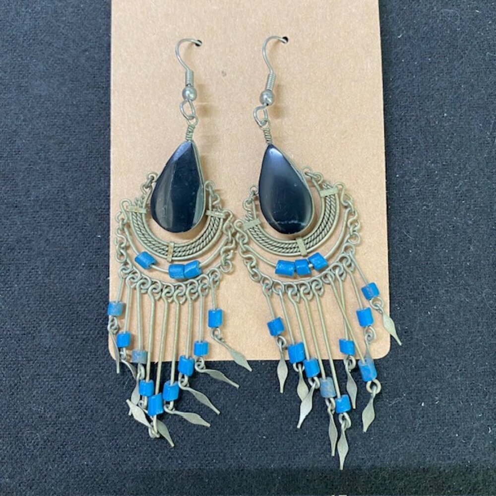 Silver with Black Stone and Blue Beads Dangling Earrings